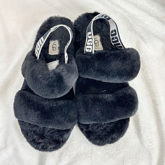 UGG Oh Yeah Slide Slipper Slingback Black 7 Platform Shearling Sandals 1107953 - Picture 5 of 11